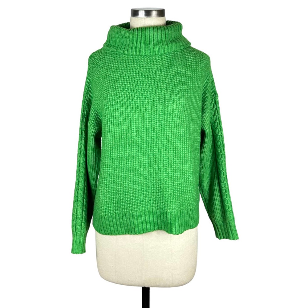 SOMETHING NAVY Vibrant Green Cable Knit Turtleneck Sweater XS Bold Neon Cozy